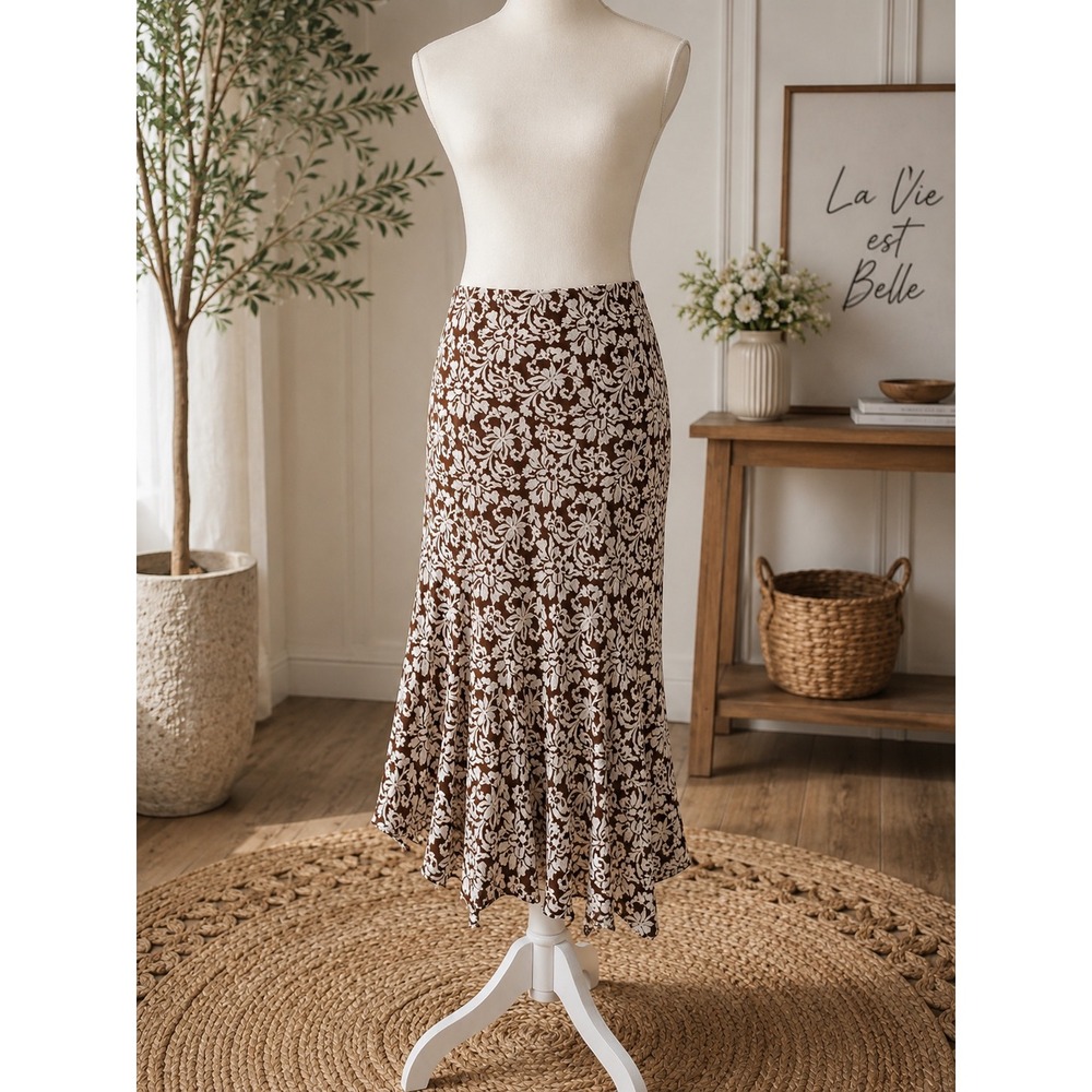 Vintage Brown White Floral Georgette Handkerchief  Ruffle Midi Skirt Womens M